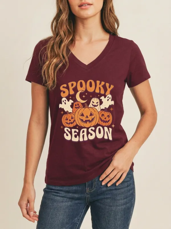 Women's Halloween Spooky Season Pumpkin Ghost Printed V-neck T-shirt