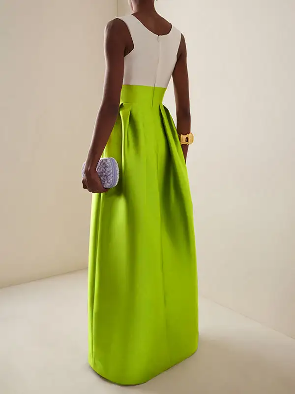 Deep Pleated Neck Maxi Dress