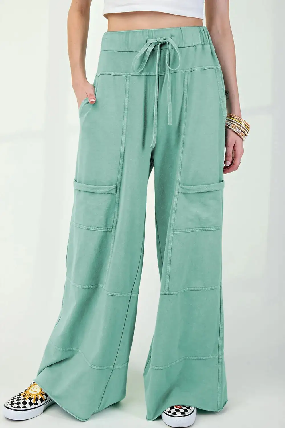 Mineral Wash Exposed Seam Drawstring High Waist Wide Leg Cargo Pants