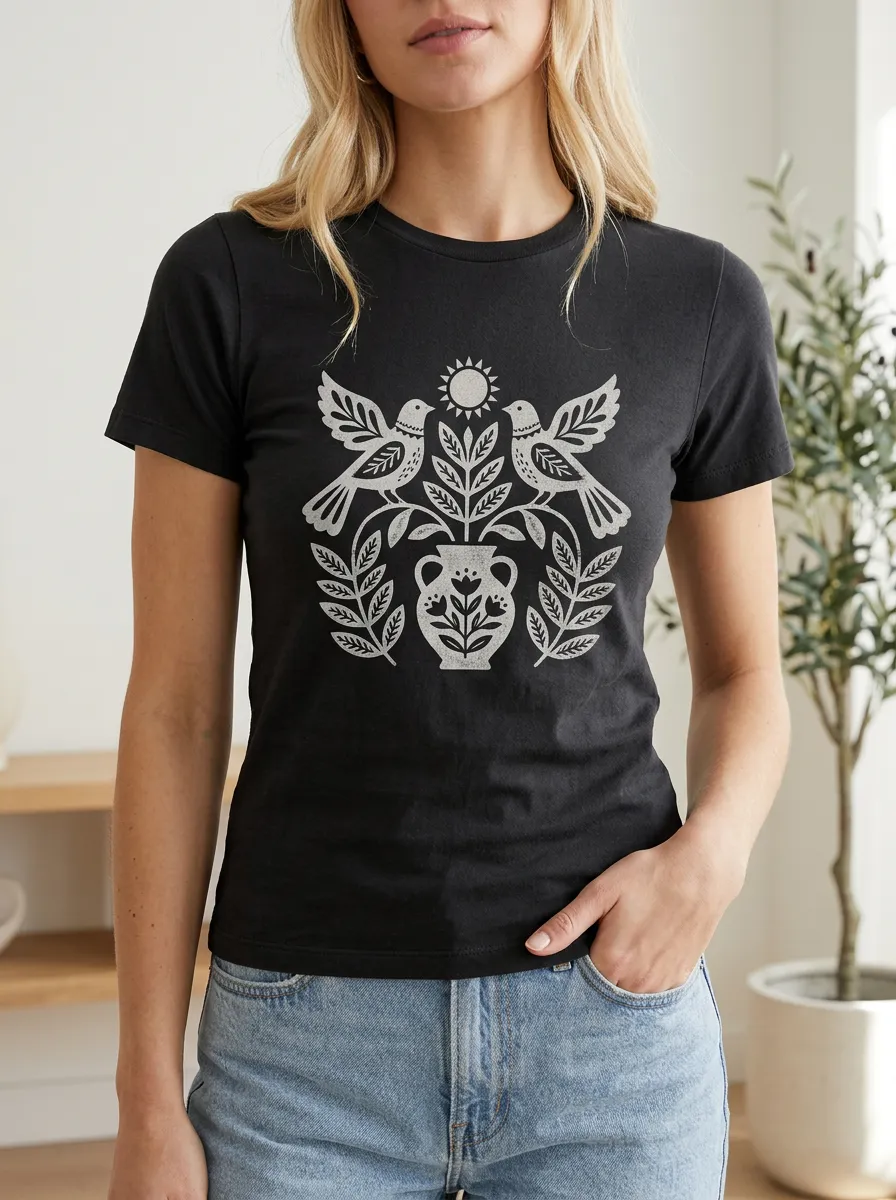 Women's Folk Art Bird Floral Vase Printed T-shirt