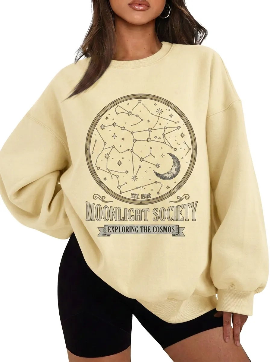 Women's Astronomy Lover Moonlight Society Constellation Printed T-shirt
