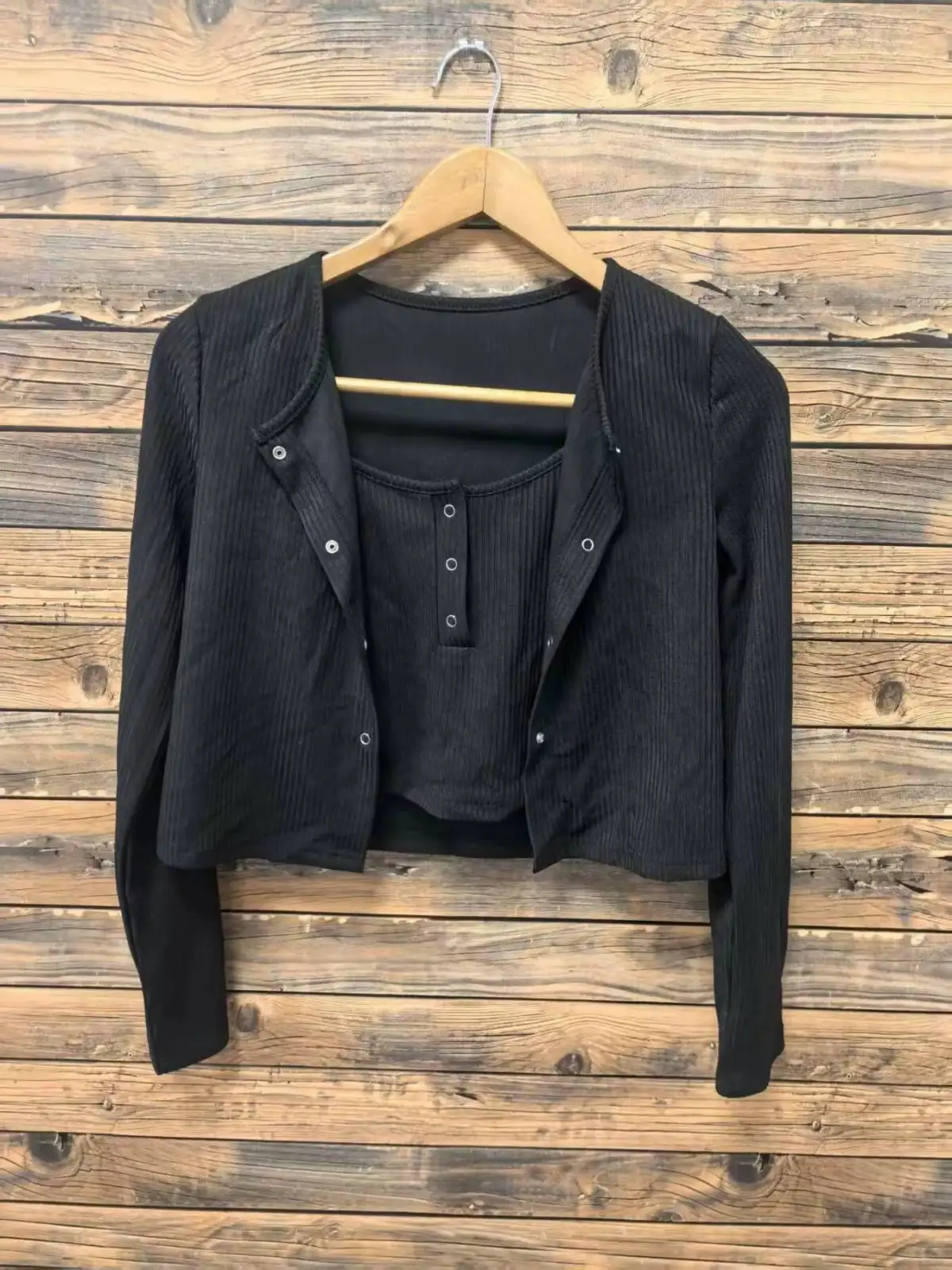 Buttoned Ribbed-Knit Cardigan Matching Set