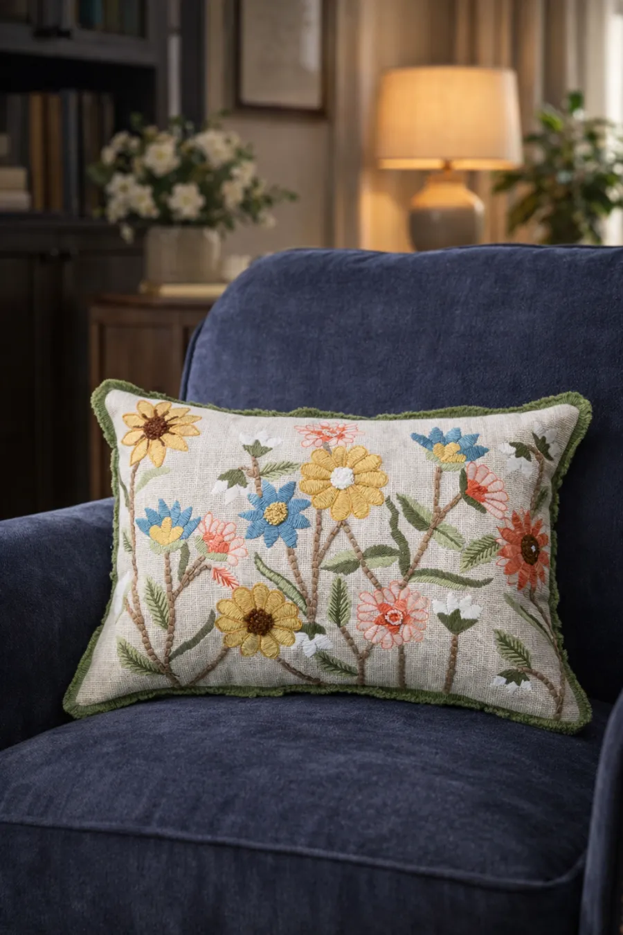 Artisan Surface Hand Embroidered Floral Botanical Cotton Lumbar Decorative Cushion Cover