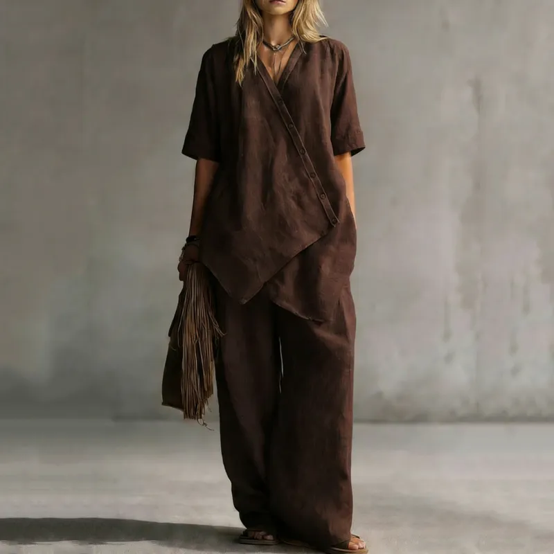 ⌛Limited-Time Offer-Women's Asymmetrical Top & Wide-Leg Pants Set