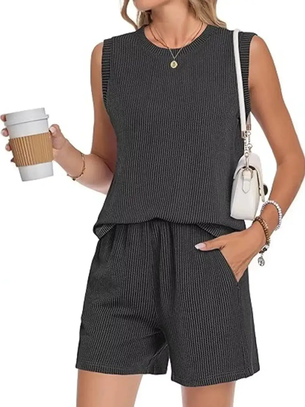 Casual Ribbed Knit Sleeveless Top Shorts Set