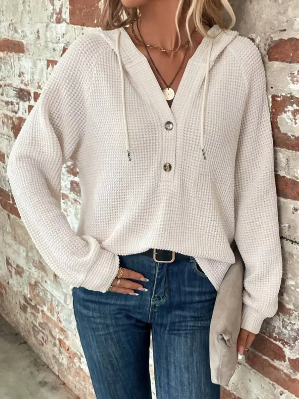 Drawstring Buttoned Pocketed Waffle-Textured Hoodie