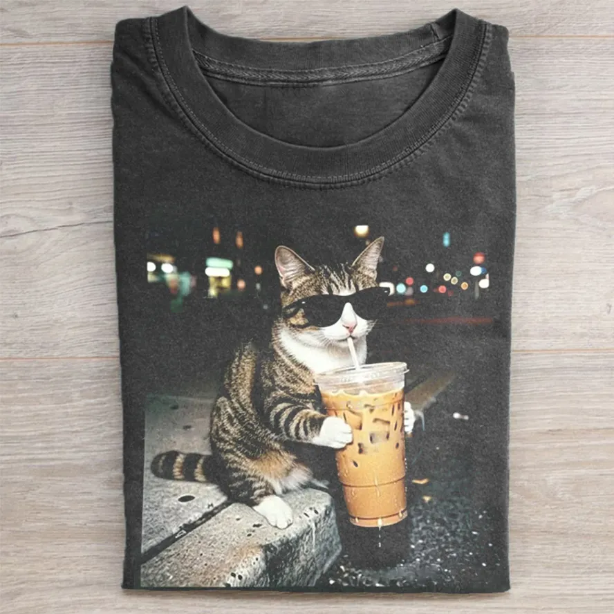 Funny Cat Drinking Iced Coffee Tee