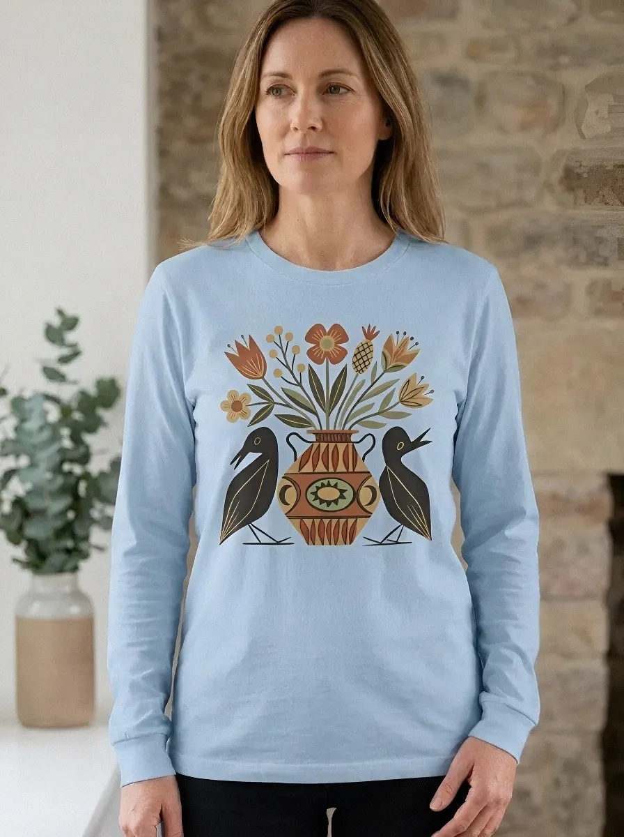 Women's Folk Art Bird and Flower Vase Printed Long Sleeve Top