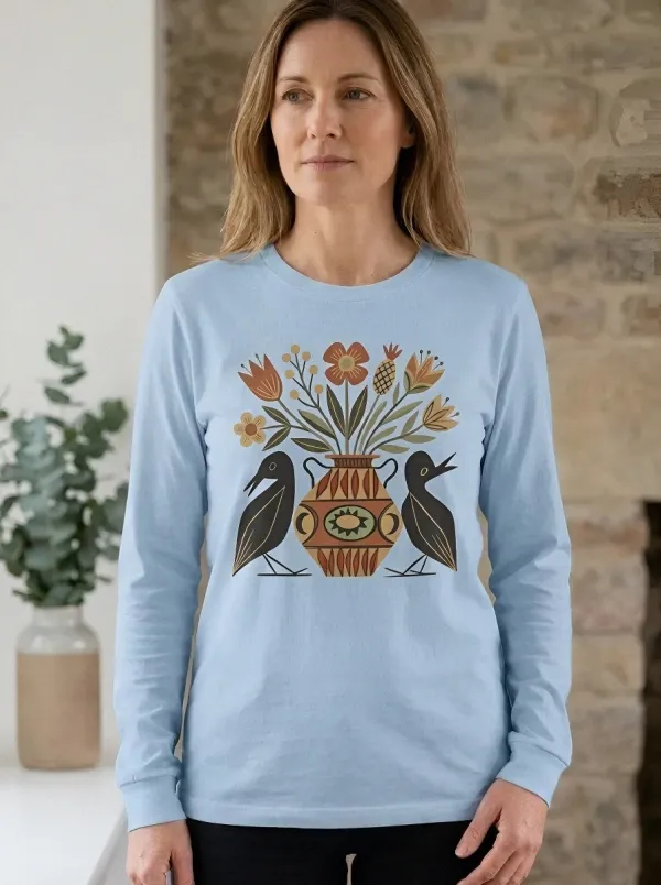 Women's Folk Art Bird and Flower Vase Printed Long Sleeve Top