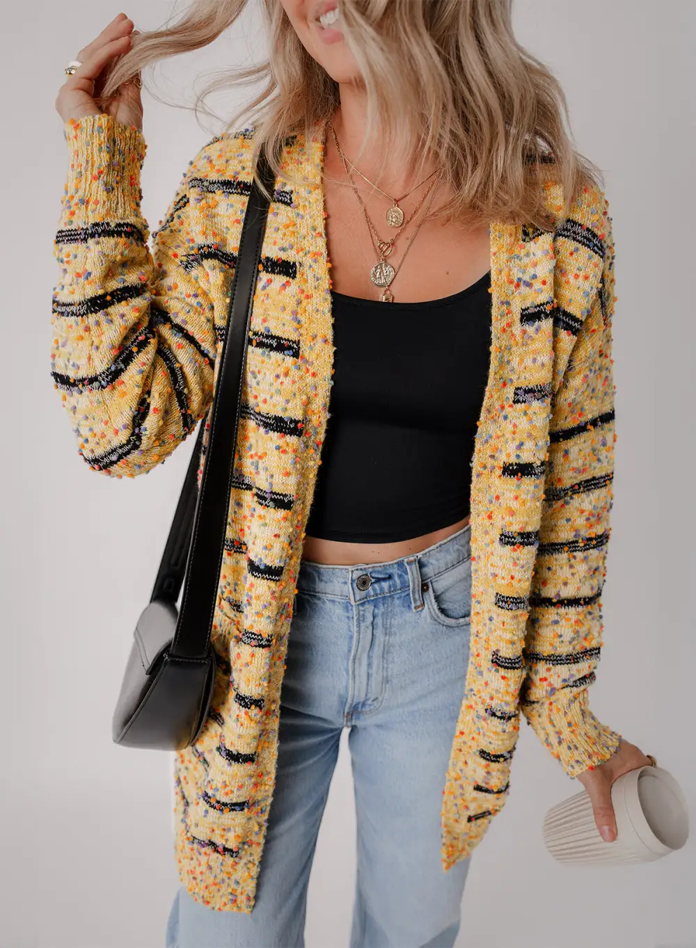 Striped Pom-Pom Knit Open Front Long Cardigan