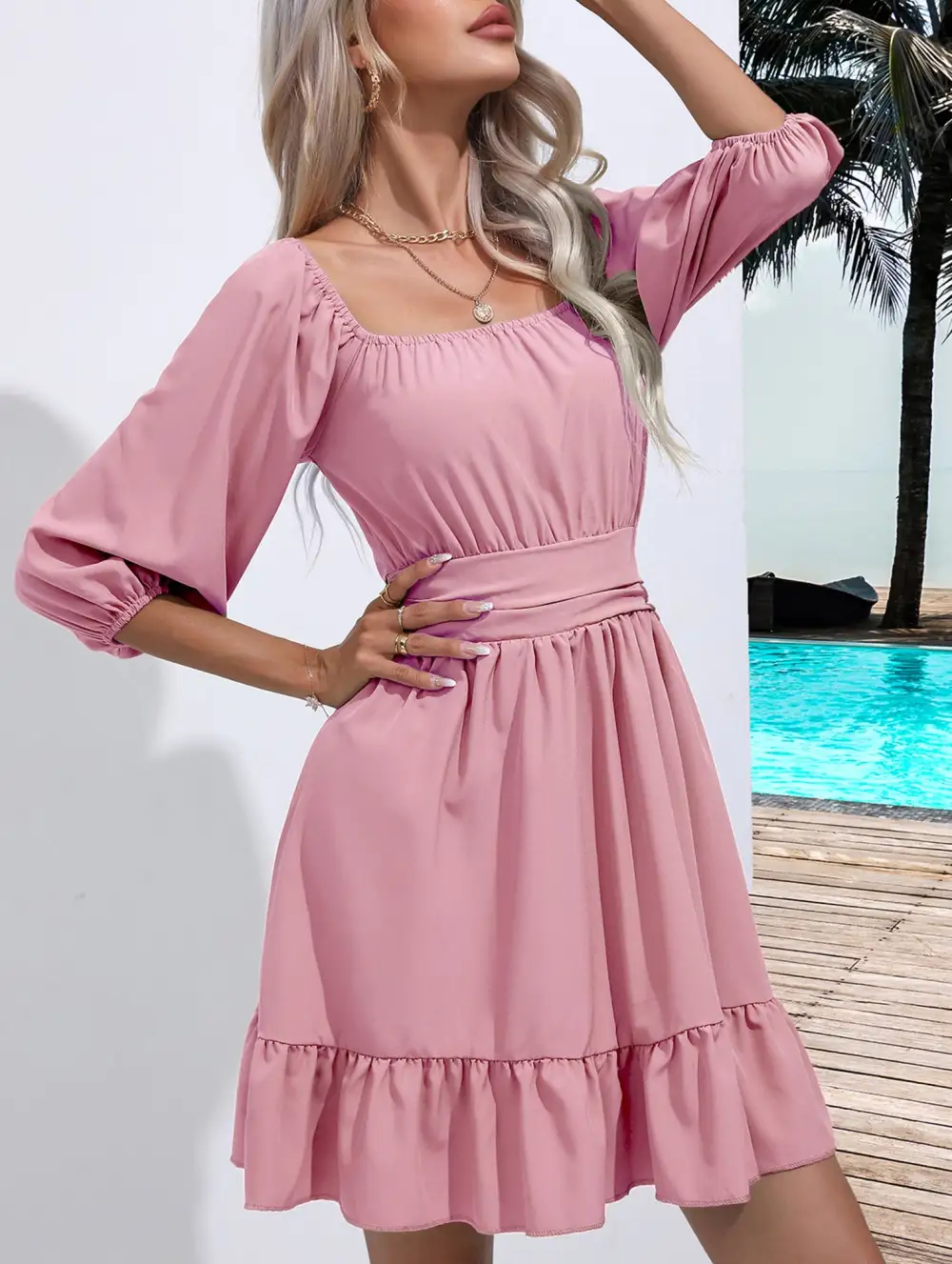 Square Neckline Ruffled Tie Up Mini Dress