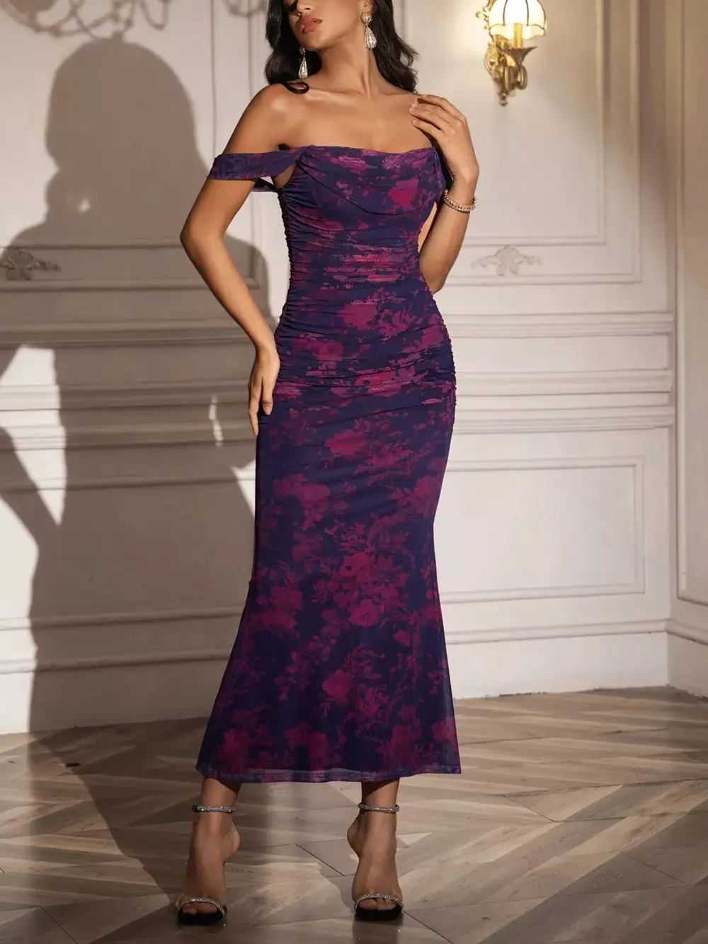 Ruched Off-Shoulder Floral Casual Dress