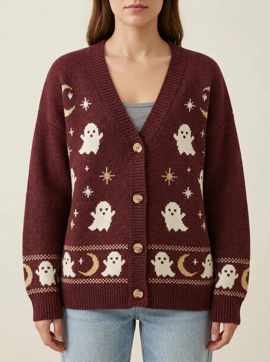 Women's Ghost Moon Star Halloween Print Cardigan