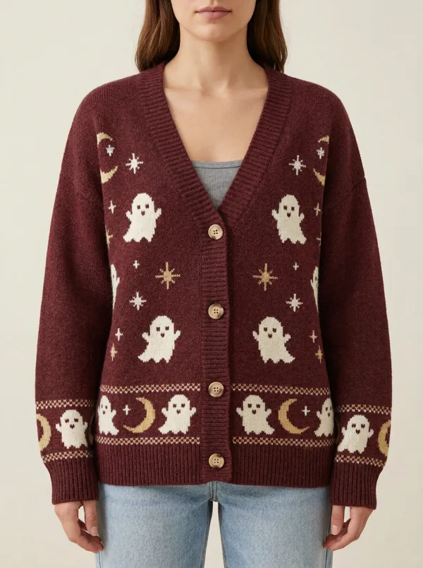 Women's Ghost Moon Star Halloween Print Cardigan
