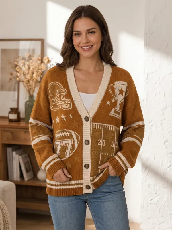 Women's Layered Gridiron Helmet Trophy Ball Knit Cardigan