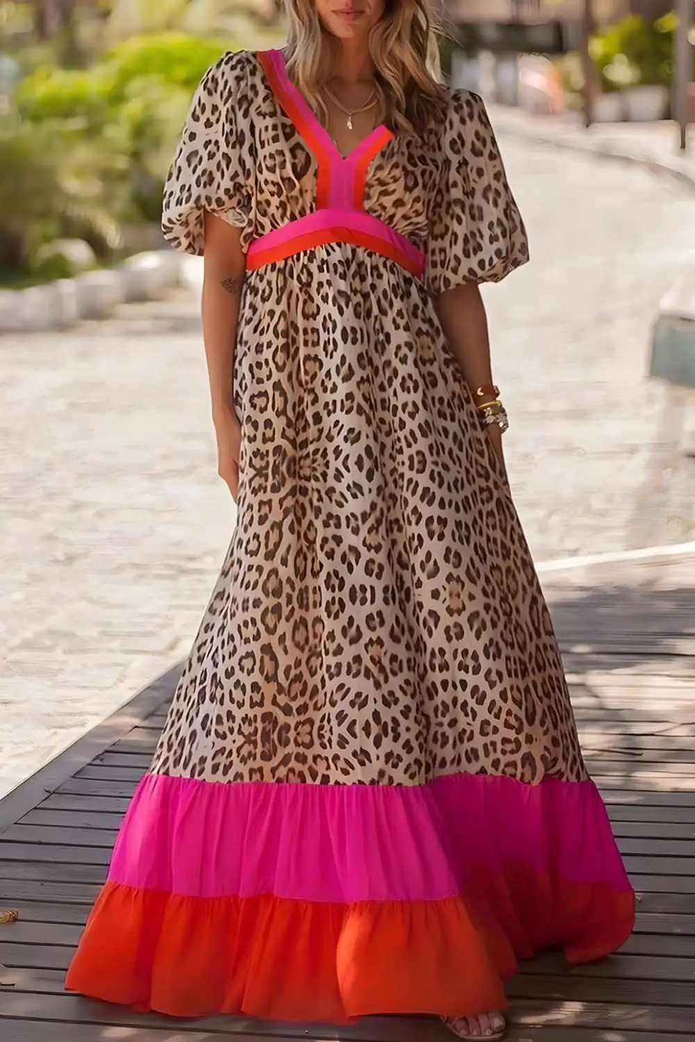 Bright Leopard Colorblock Patchwork Bubble Sleeve Maxi Dress