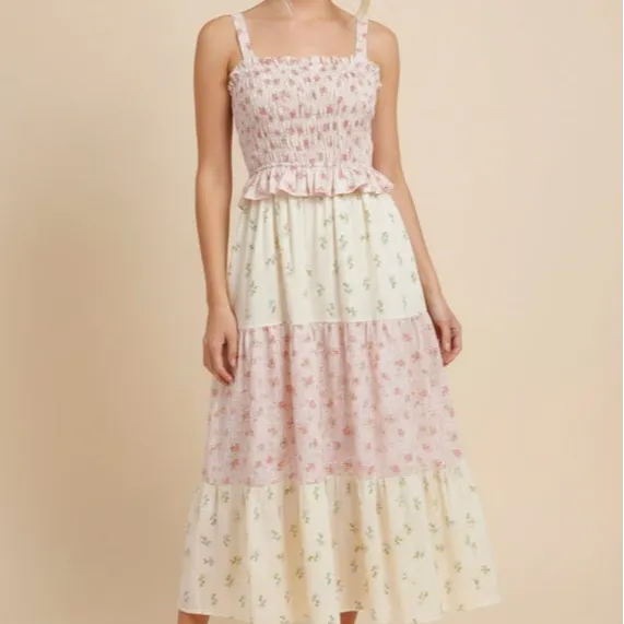Floral Smocked Ruffle Detail Patchwork Dress