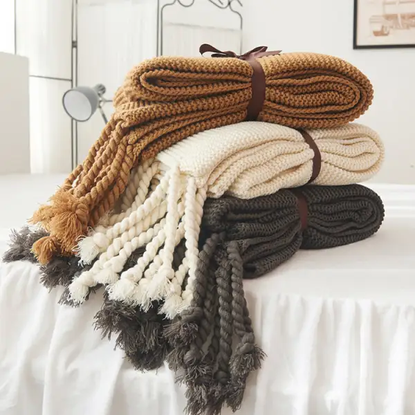 Tassel Waffle Knit Throw Blanket