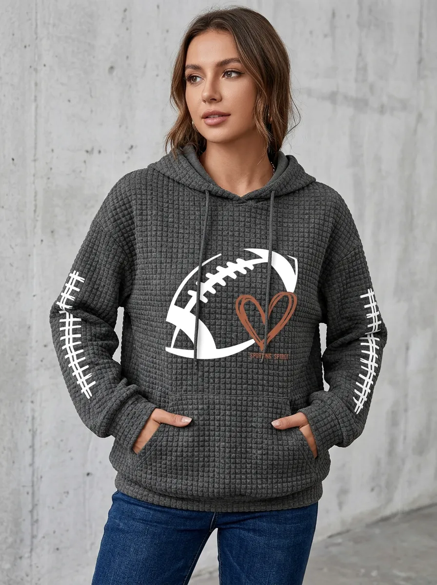 Women's Football Charcoal Waffle Knit Graphic Hoodie