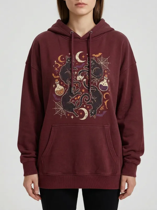 Women's Halloween Witchy Cat Moon Potion Printed Hoodie