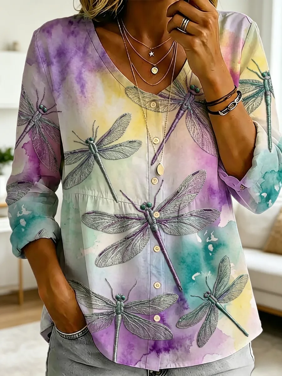 Women's Floral Dragonfly Printed Casual Top