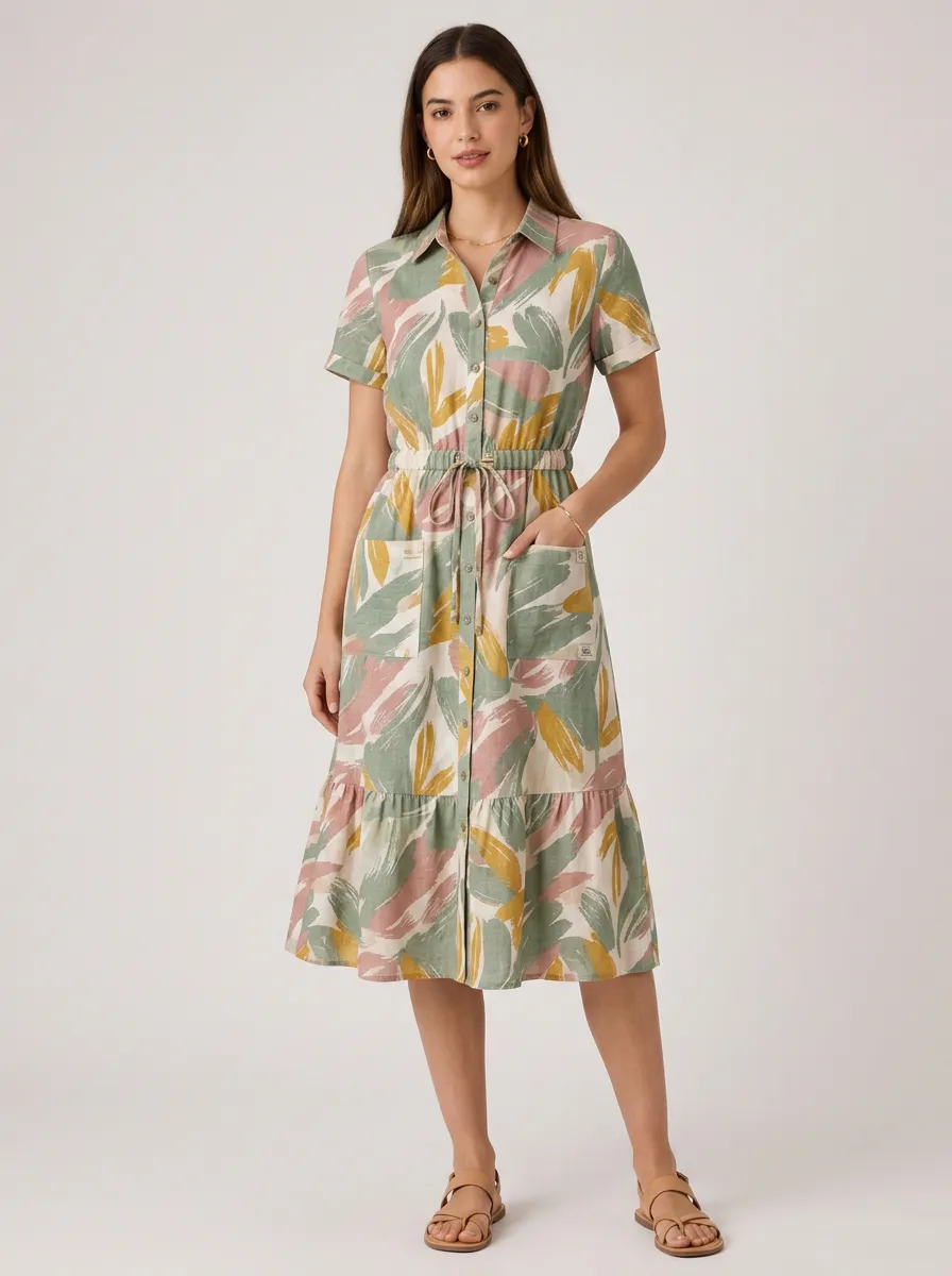 Women's Summer Casual Abstract Leaf Printed Shirt Dress