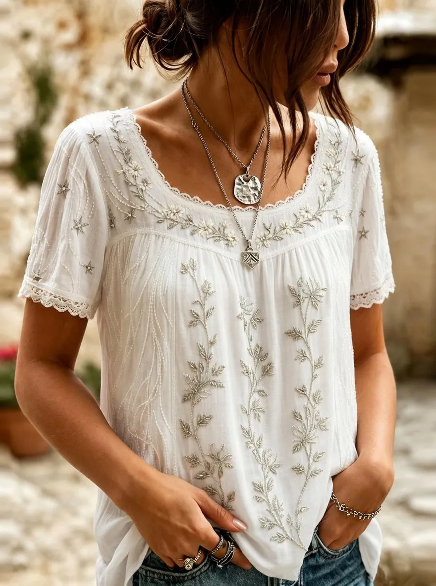 Women's Boho Floral Star Embroidered Printed Short Sleeve T-shirt