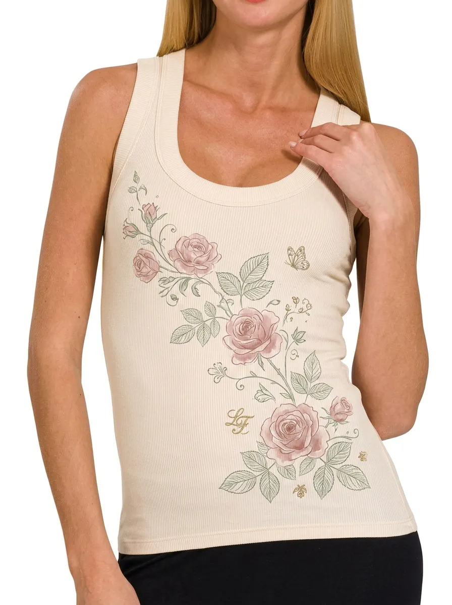 Women's Floral Aesthetic Rose Butterfly Printed Ribbed Tank Top