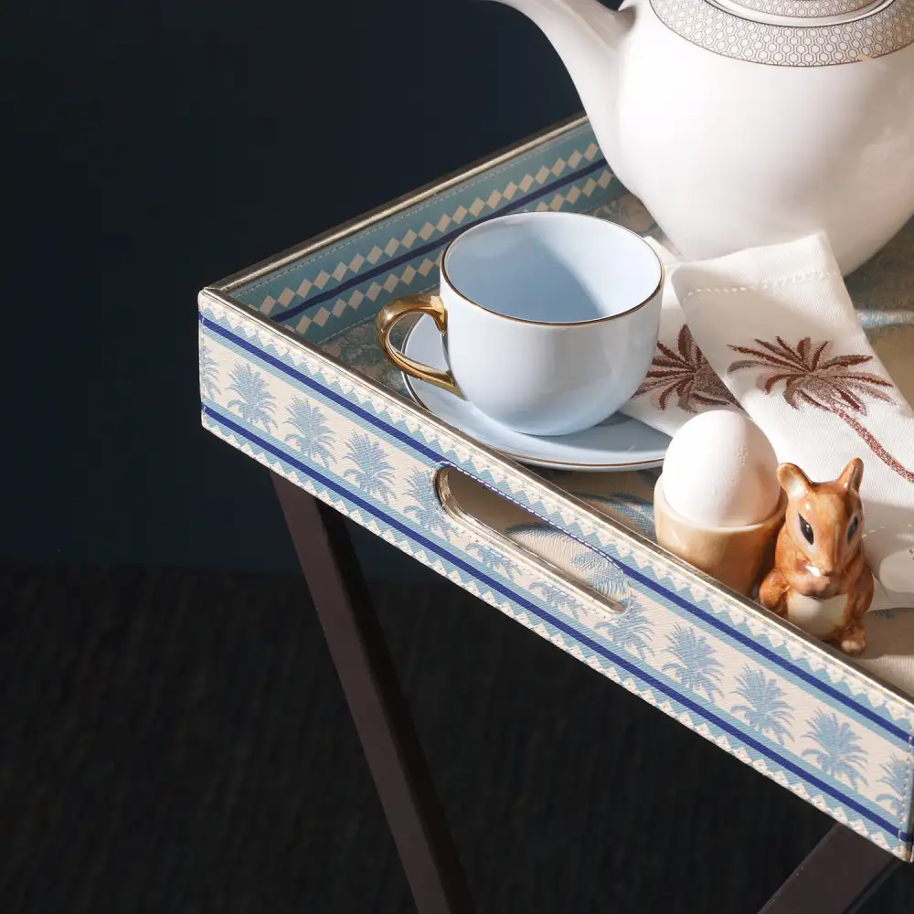 Blue Handled Faux Leather Serving Tray