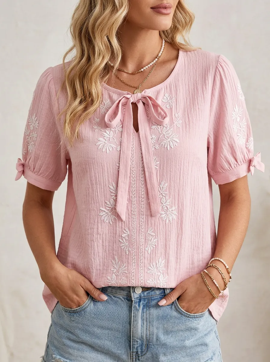 Women's Pink Bowknot Floral Embroidered Printed Top