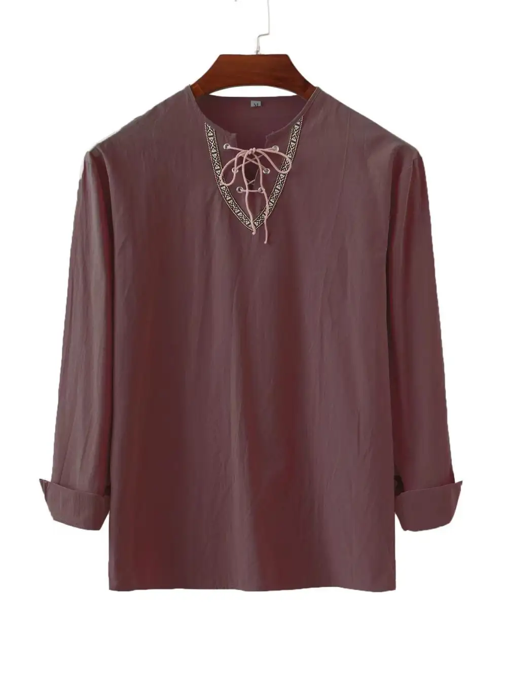 Men's Linen Tunic Shirt With Lacing And Ethnic Border
