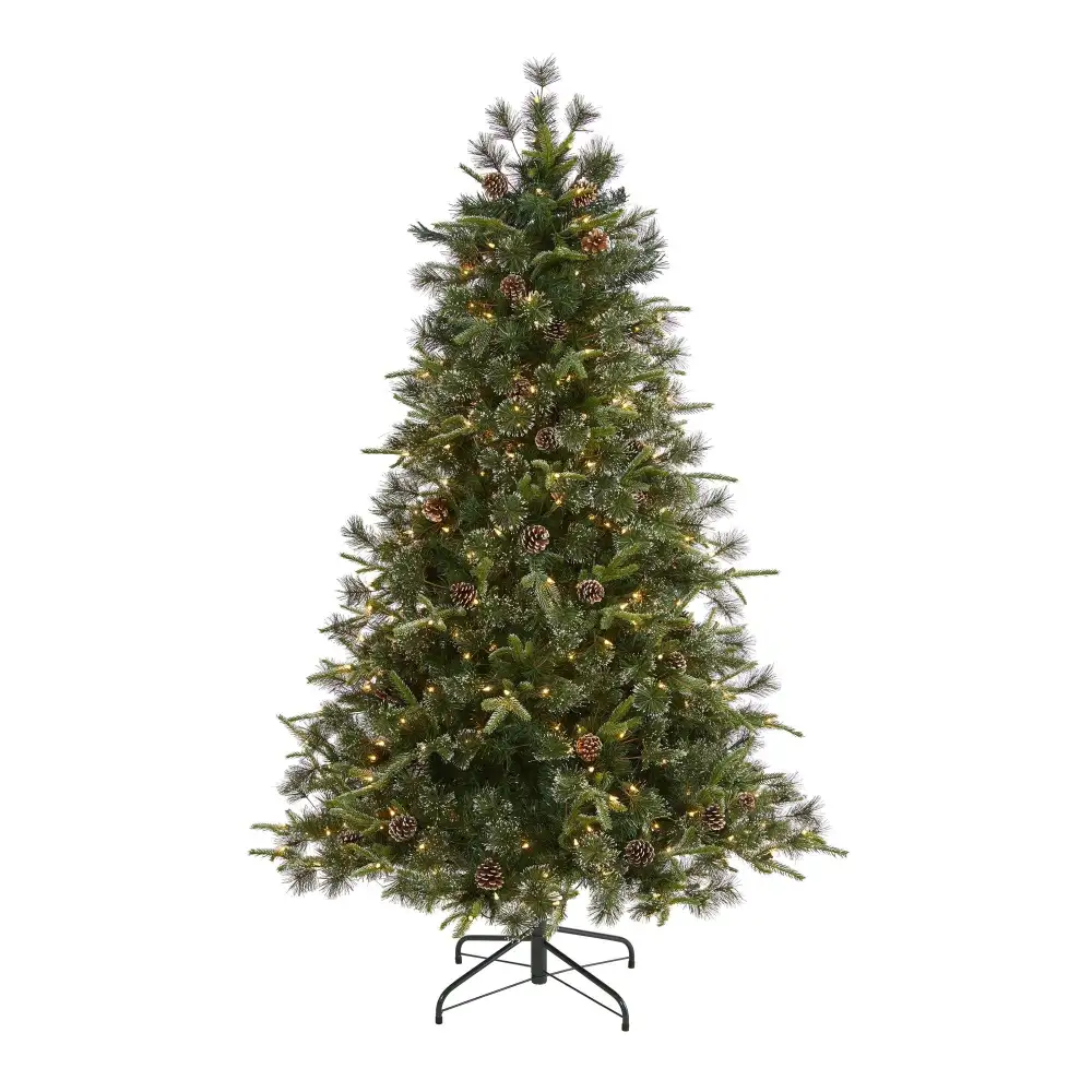 Snowed Tipped Clermont Mixed Pine Artificial Christmas Tree with Clear LED Lights Pine Cones and Bendable Branches Botanical Accent