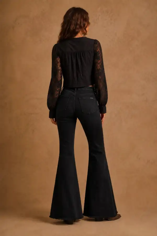 Velvet Bell Bottom Retro Style Raw Hem Everyday Denim Jeans