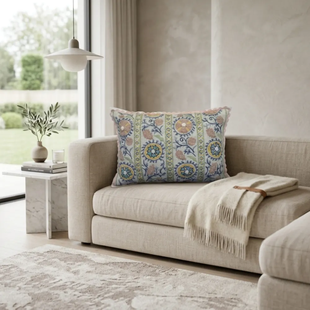 Hand Embroidered Floral Botanical Cotton Linen Lumbar Decorative Cushion Cover