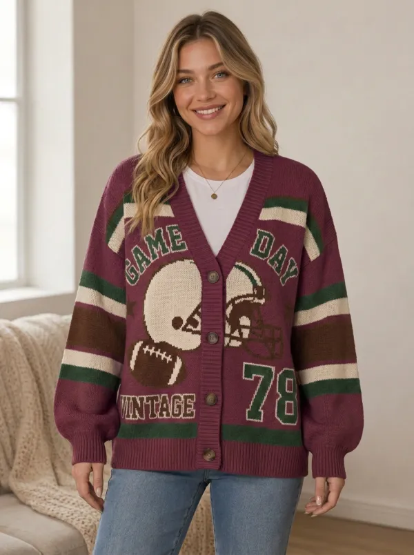 Women's Gridiron Day Vintage Helmet Patterned Knit Cardigan