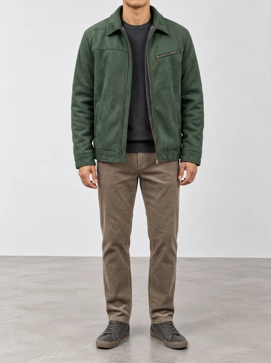 Men's Daily-Wear Green Suede-Texture Fleece-Lined Casual Jacket with Front Closure Detail