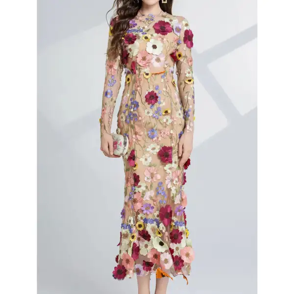 Embroidered Mesh Long Sleeve Midi Dress