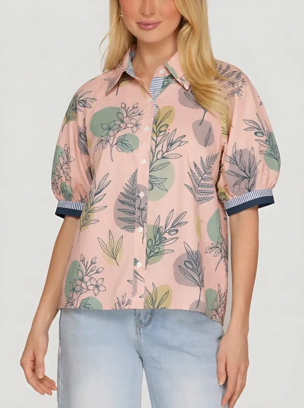 Women's Botanical Olive Leaf Fern Printed Puff Sleeve Shirt