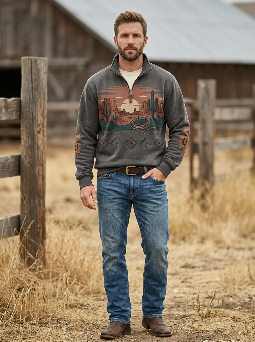 Men's Western Cowboy Lasso Desert Sunset Sun Half-Zip Sweatshirt