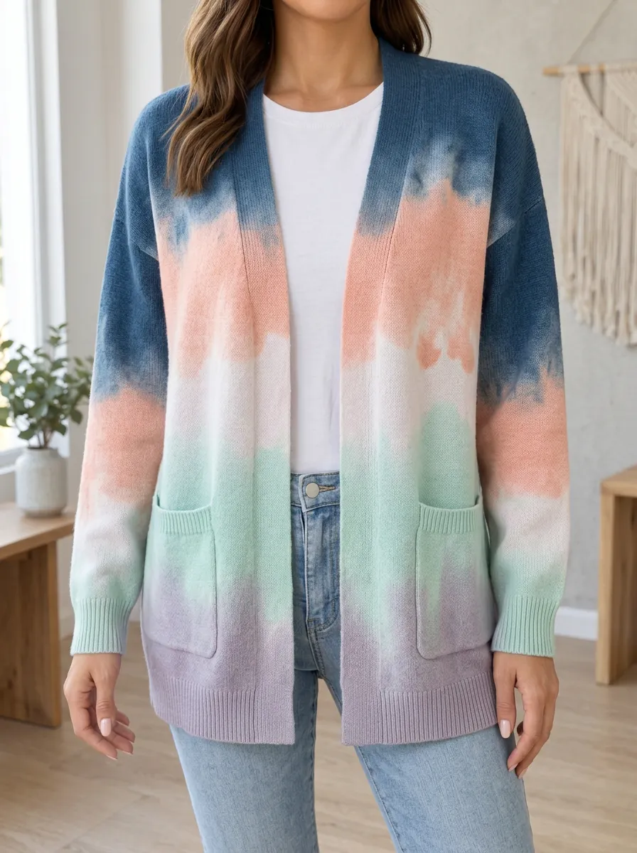 Women's Pastel Tie-Dye Gradient Printed Patch Pocket Relaxed Layering Cardigan