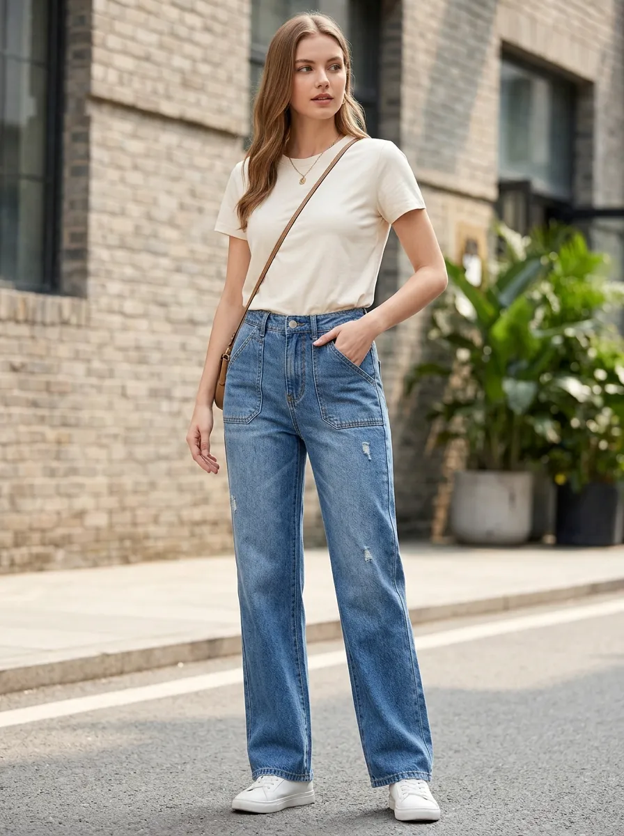 Women's Casual Fashion Distressed Patch Pocket Wide Leg Jeans