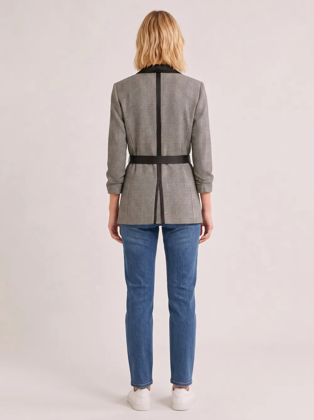 Women's Plaid Pattern Black Lapel Belted Printed Blazer