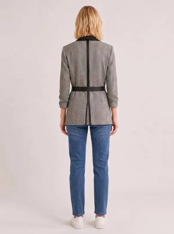 Women's Plaid Pattern Black Lapel Belted Printed Blazer