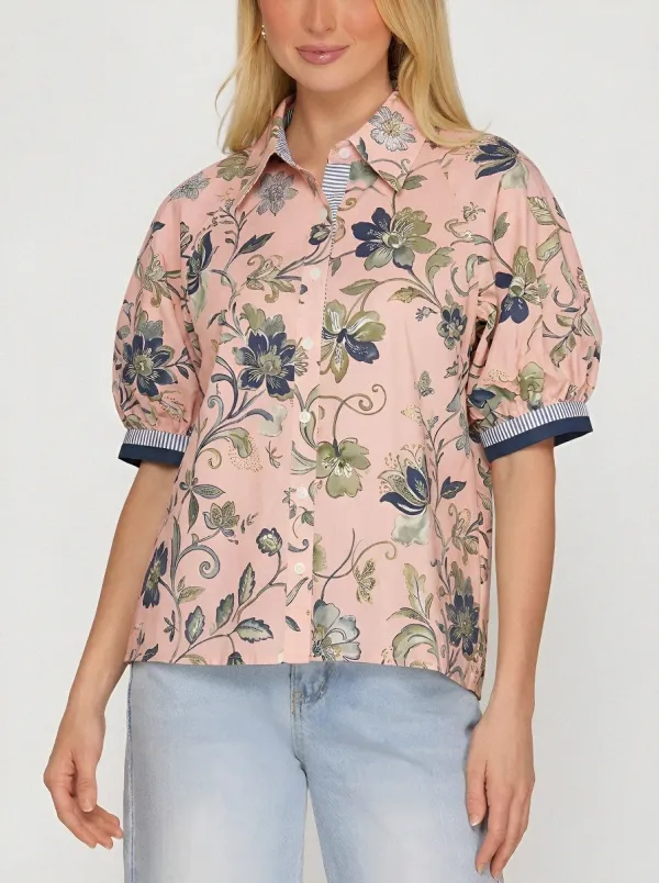 Women's Vintage Floral Botanical Printed Puff Sleeve Shirt