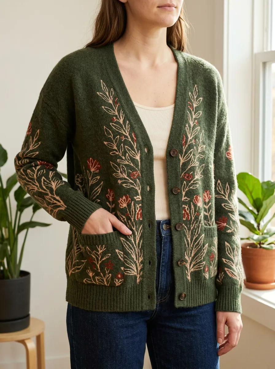 Women's Botanical Nature Lover Floral Printed Hip Length Classic Layering Cardigan