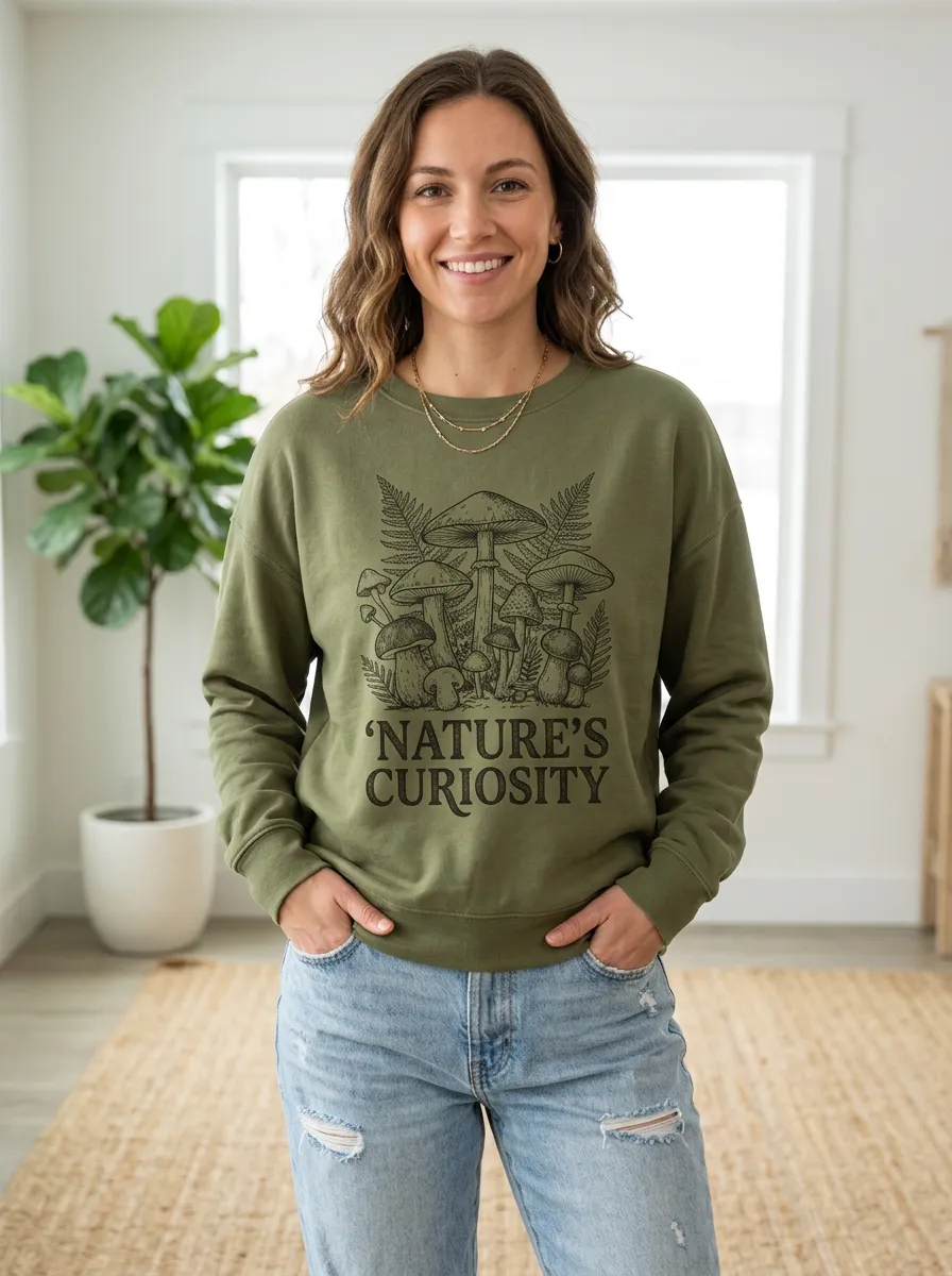 Women's Nature Lover Mushroom Fern Printed Sweatshirt