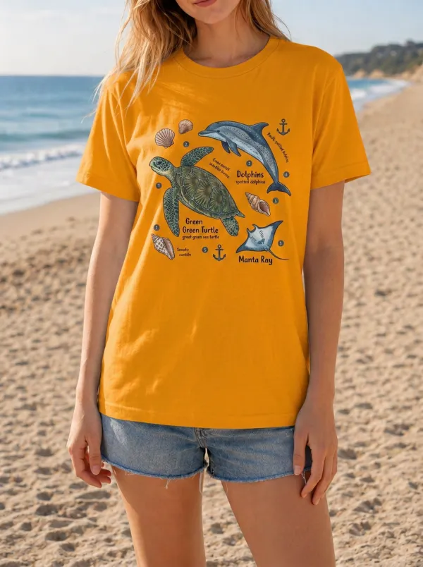 Women's Marine Life Sea Turtle Dolphin Manta Ray Printed T-shirt