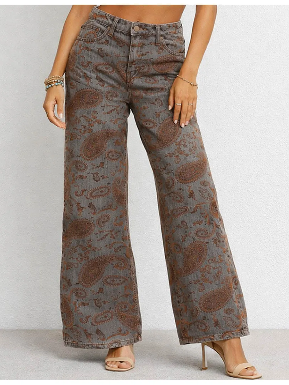 Flocked Paisley Jacquard Button Waist Wide Leg Denim Pants
