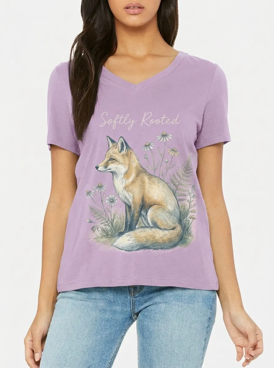 Women's Nature Lover Softly Rooted Fox Daisy Printed T-shirt