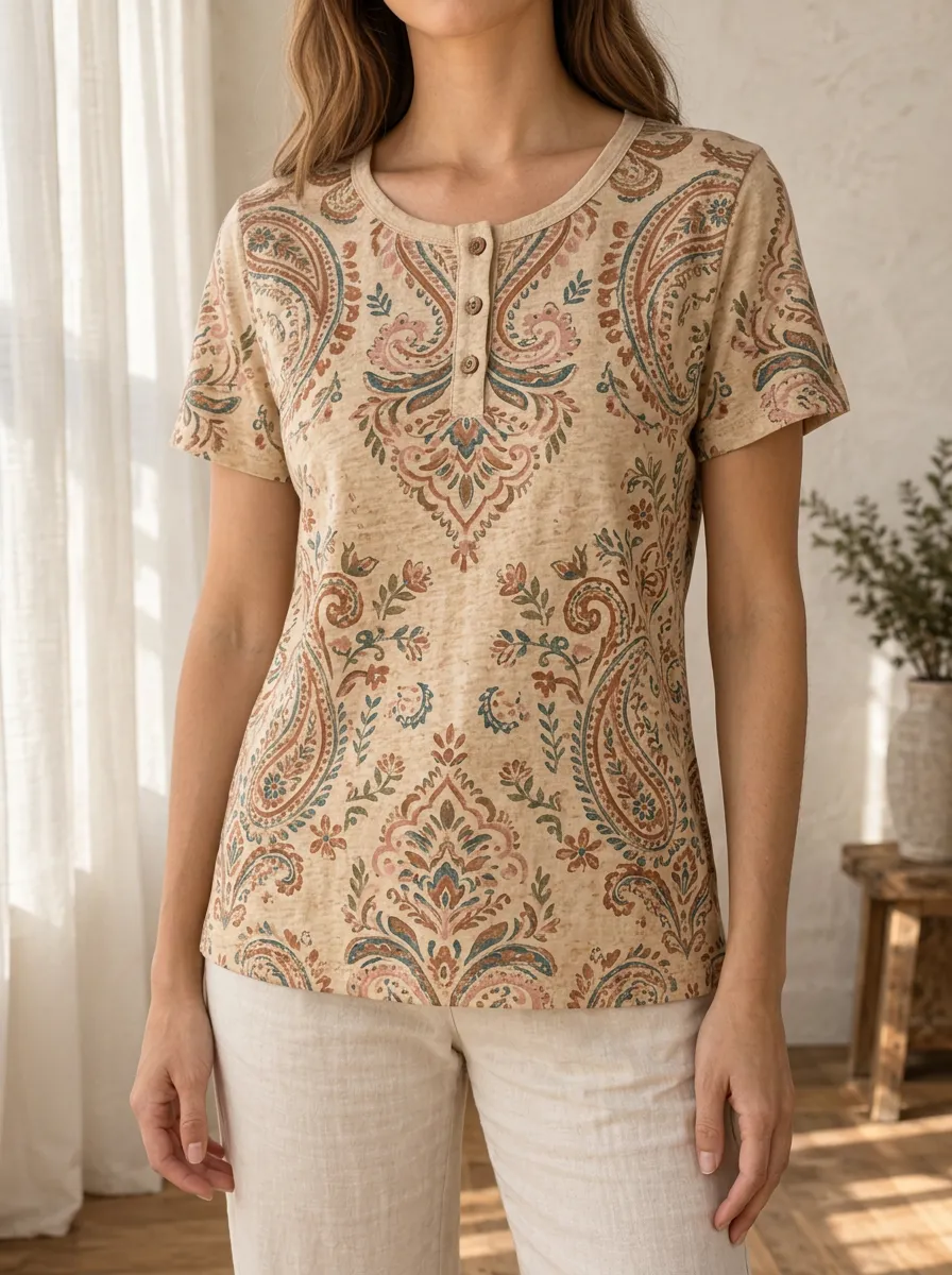 Women's Distinctive Boho Paisley Floral Henley T-Shirt